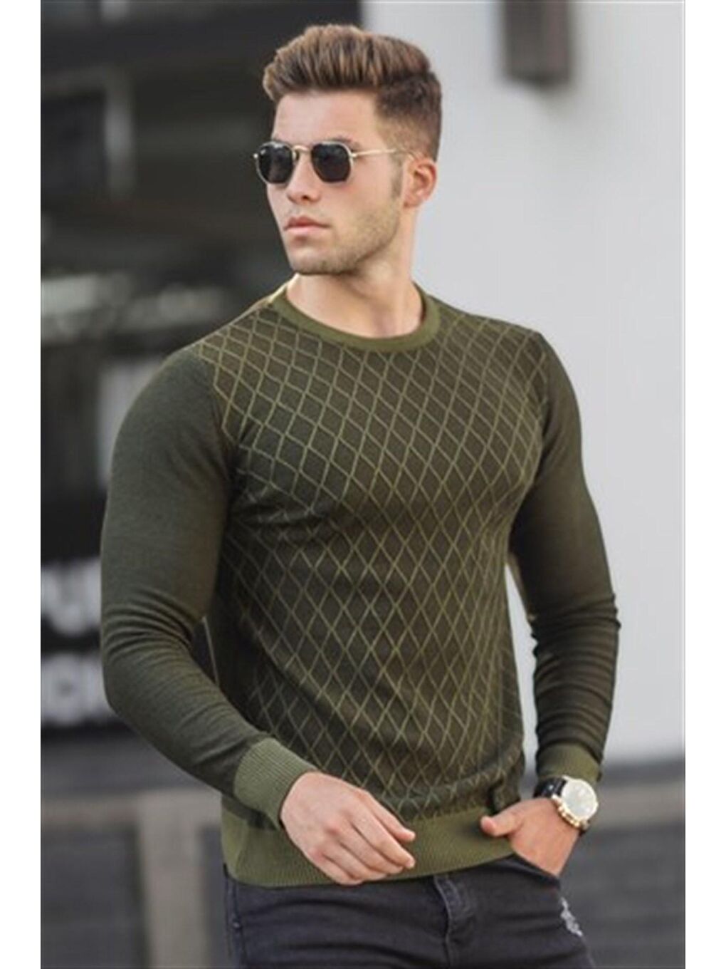 Haki Baklava desenli Kazak 5190