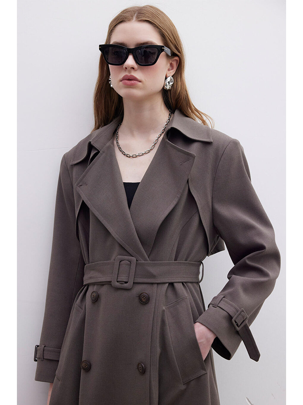 Bej Parıs Oversize Kruvaze Trençkot Vizon-4