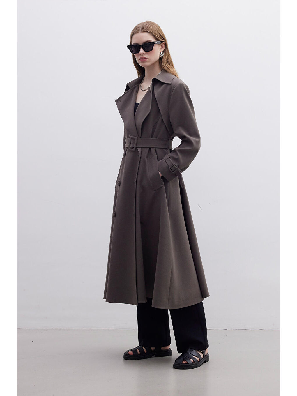 Bej Parıs Oversize Kruvaze Trençkot Vizon-5