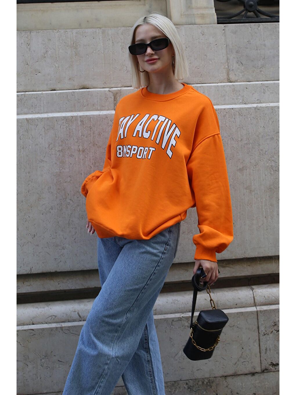 Turuncu Baskılı Oversize Kadın Sweatshirt MG1564-1