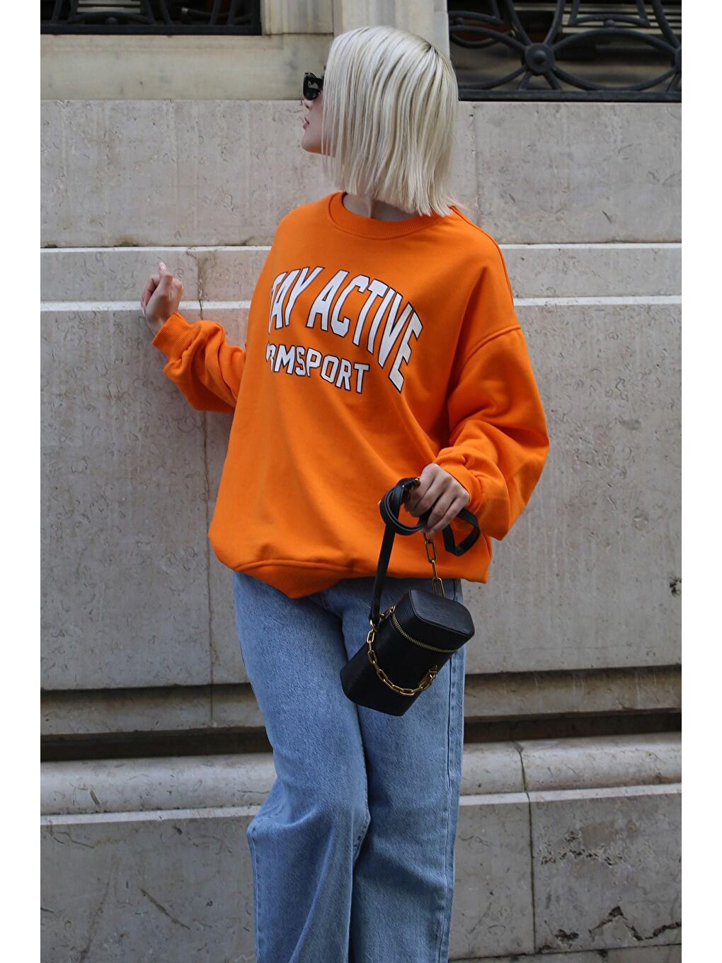 Turuncu Baskılı Oversize Kadın Sweatshirt MG1564-2