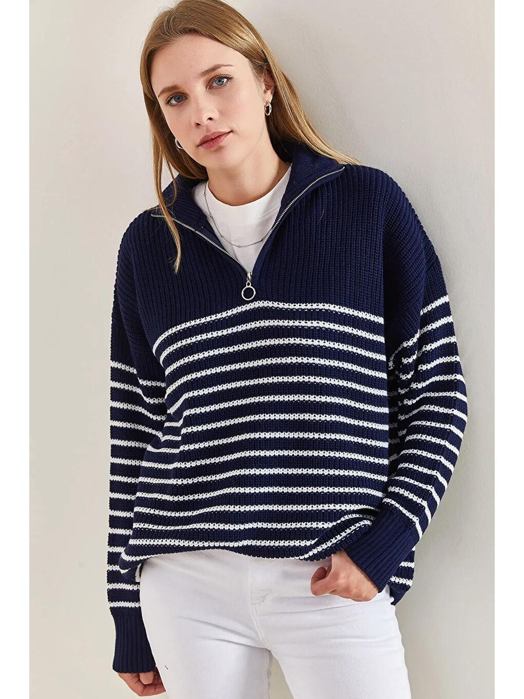 Lacivert Kadın Balıkçı Yaka Fermuarlı Altı Çizgili Triko Kazak-2