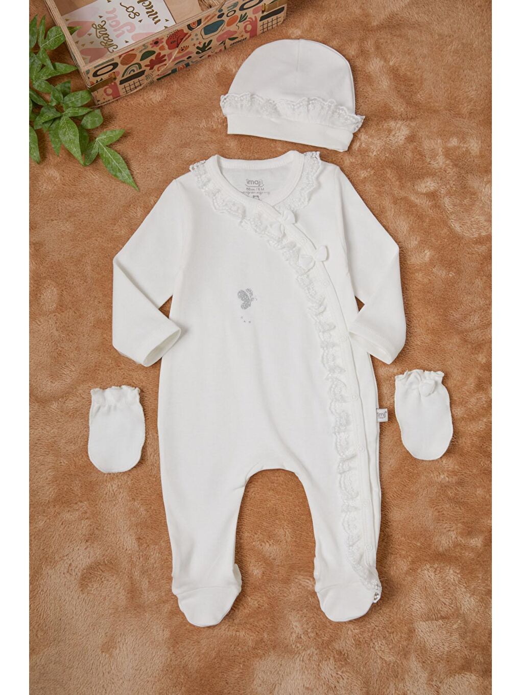 Ekru Kız Bebek Kelebek Baskılı 3'lü Tulum Takım 16686