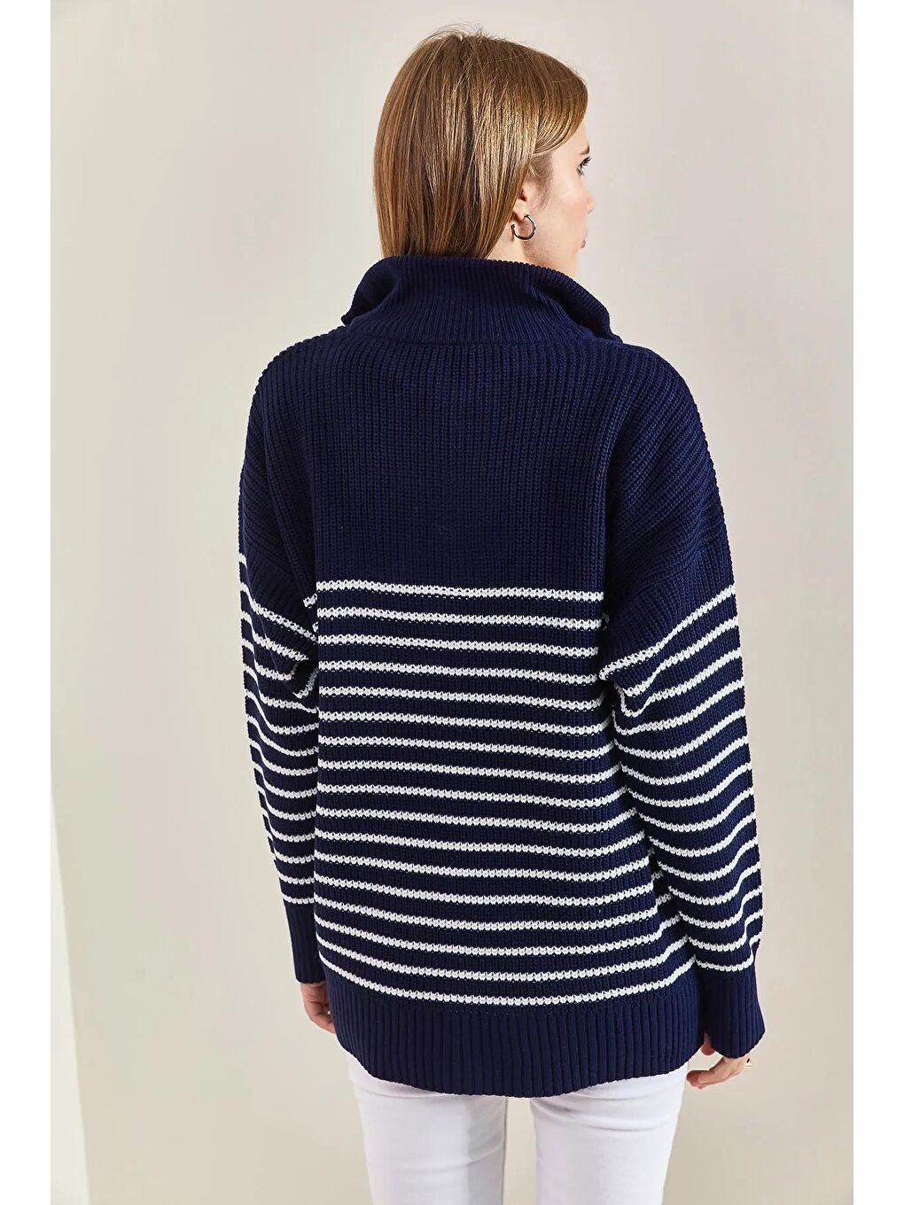 Lacivert Kadın Balıkçı Yaka Fermuarlı Altı Çizgili Triko Kazak-3