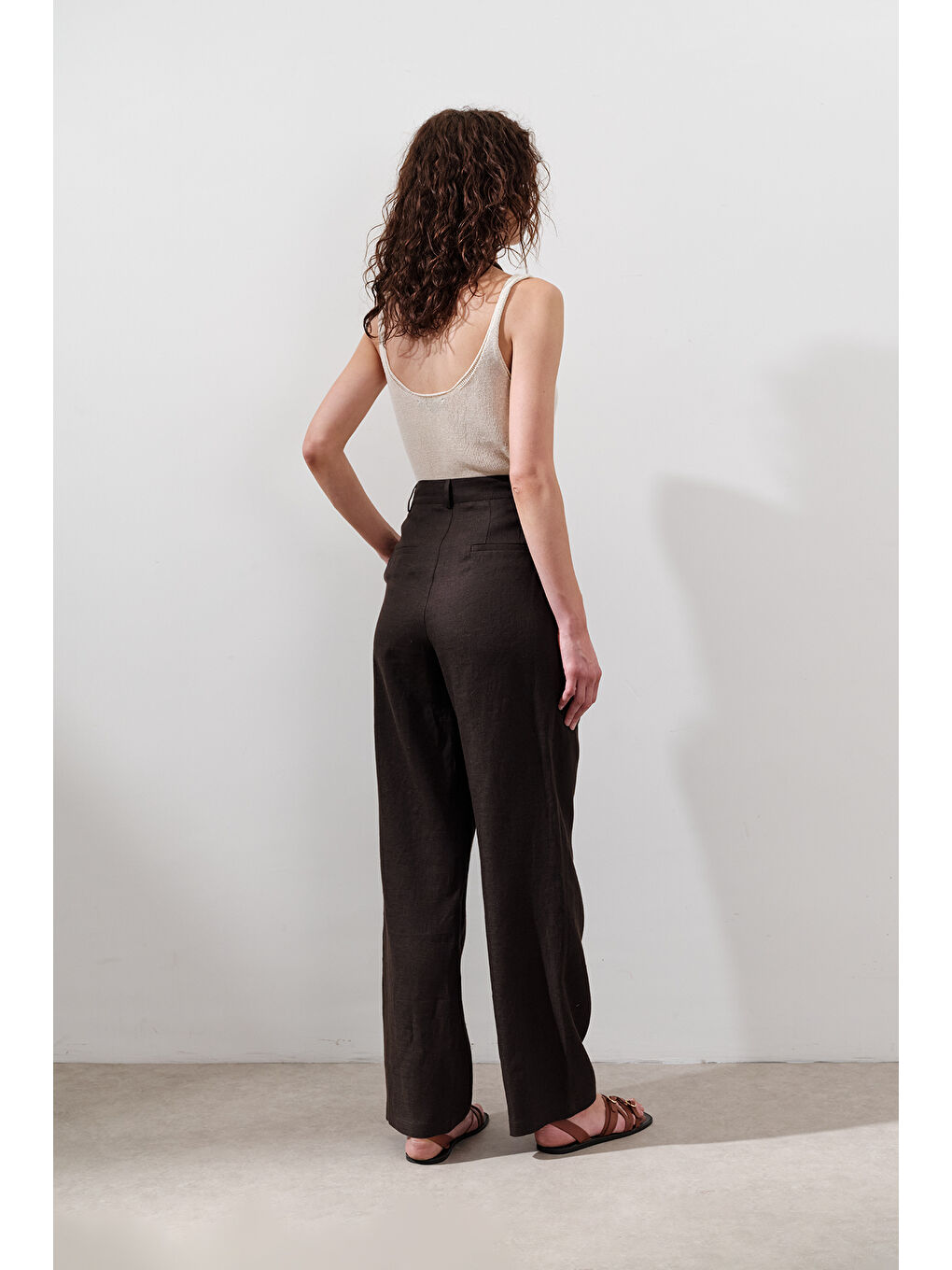 Kahverengi Keten Pileli Geniş Pantolon Acı Kahve-7