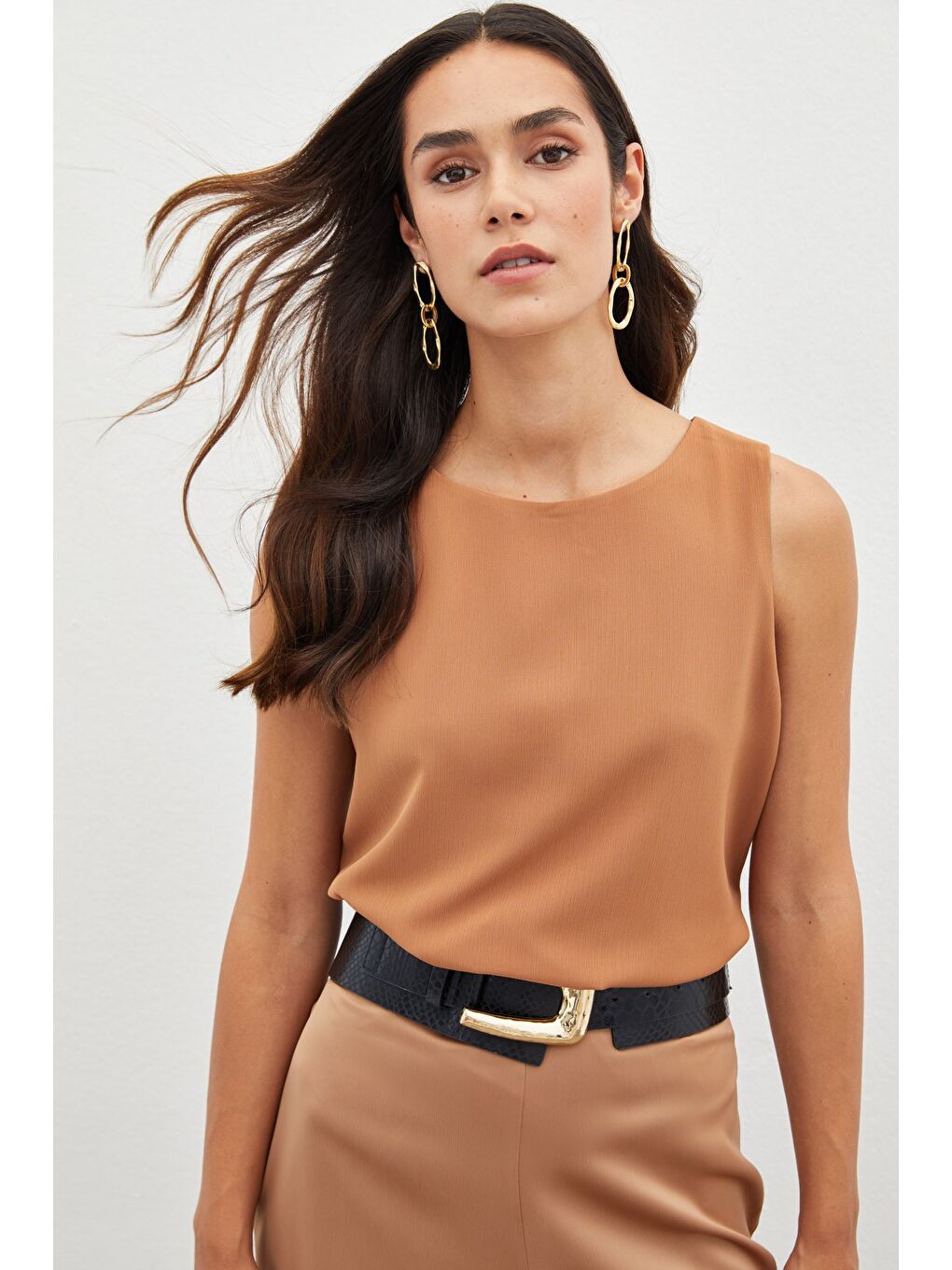 Kahverengi Kolsuz Salaş Bluz - Kahve