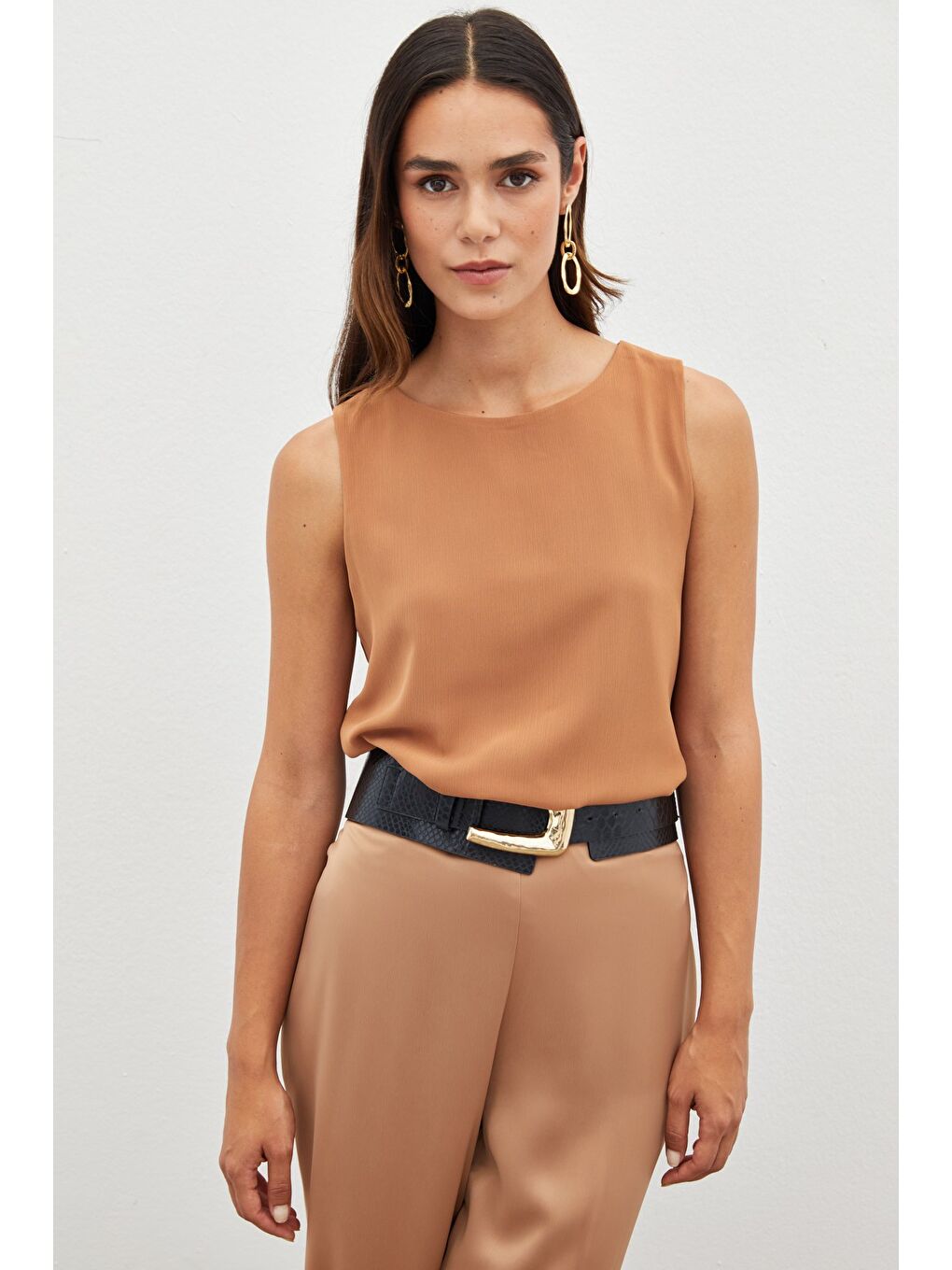 Kahverengi Kolsuz Salaş Bluz - Kahve-2