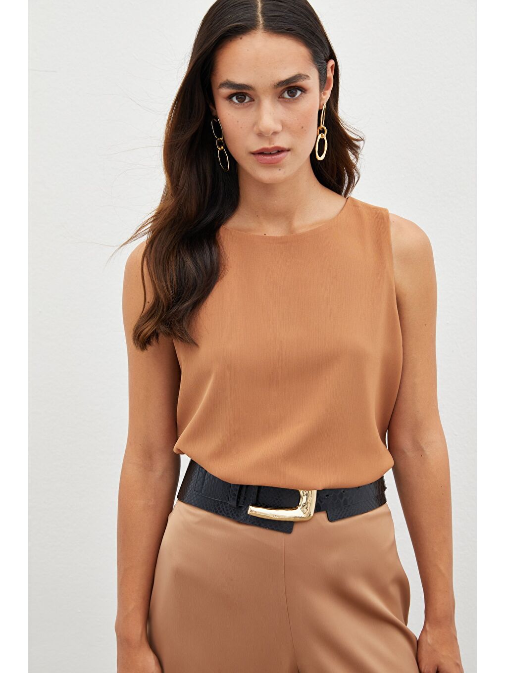 Kahverengi Kolsuz Salaş Bluz - Kahve-3