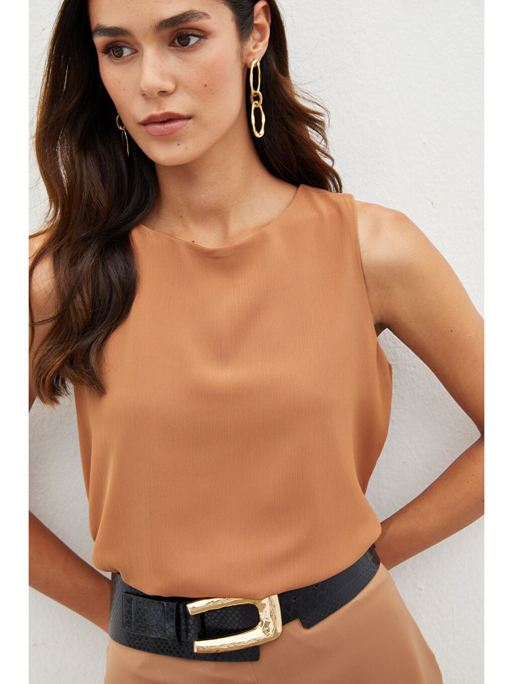 Kahverengi Kolsuz Salaş Bluz - Kahve-4