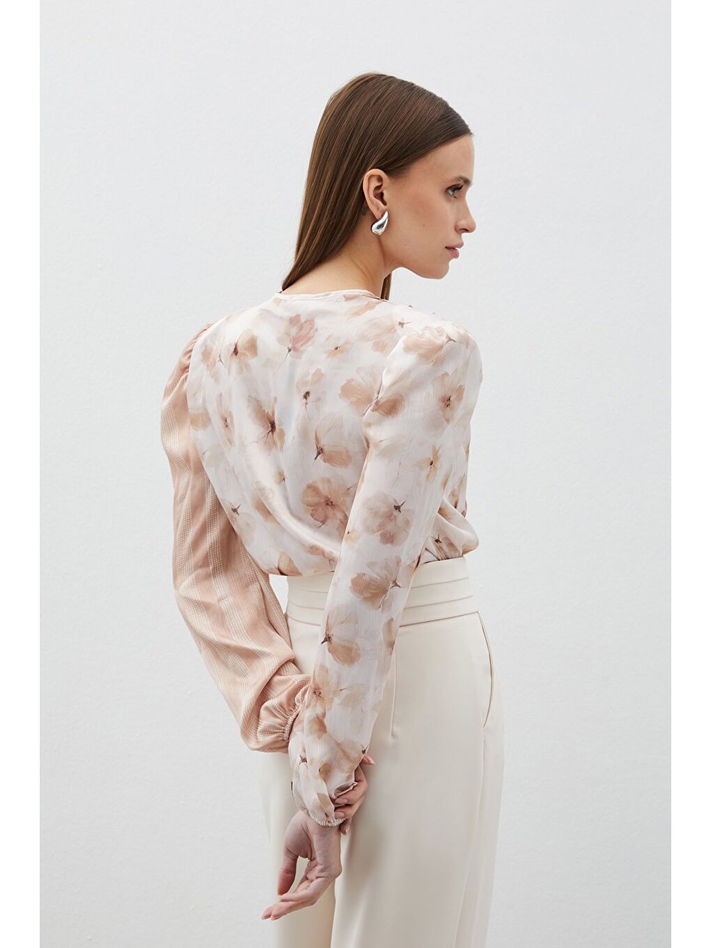 Bej Çift Desenli Kruvaze Bodysuit Bluz - Vizon-4