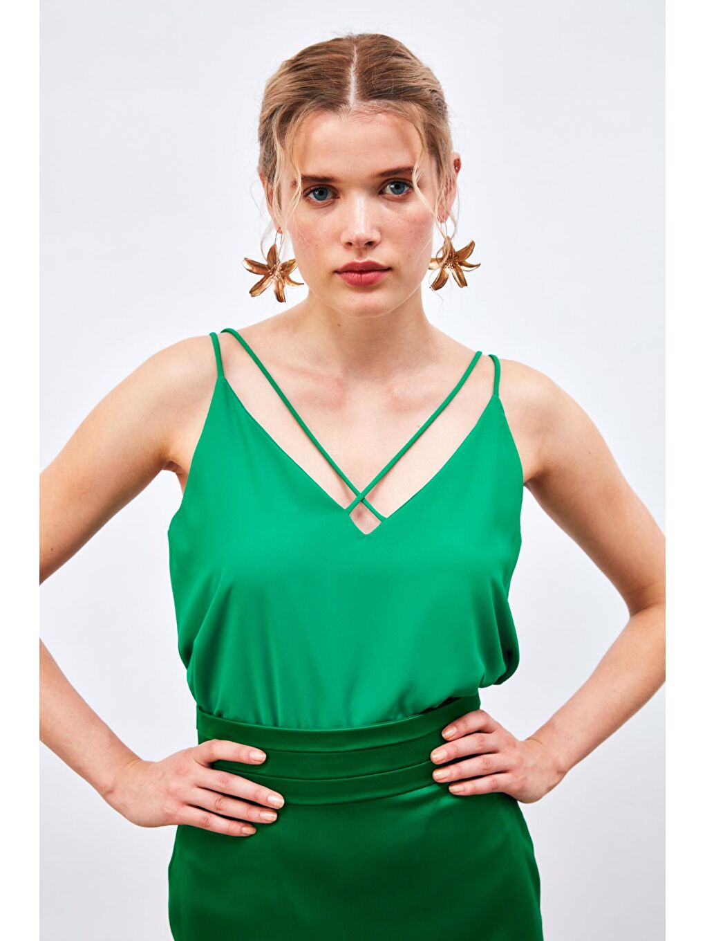 Çapraz İp Askılı Bluz - Yeşil