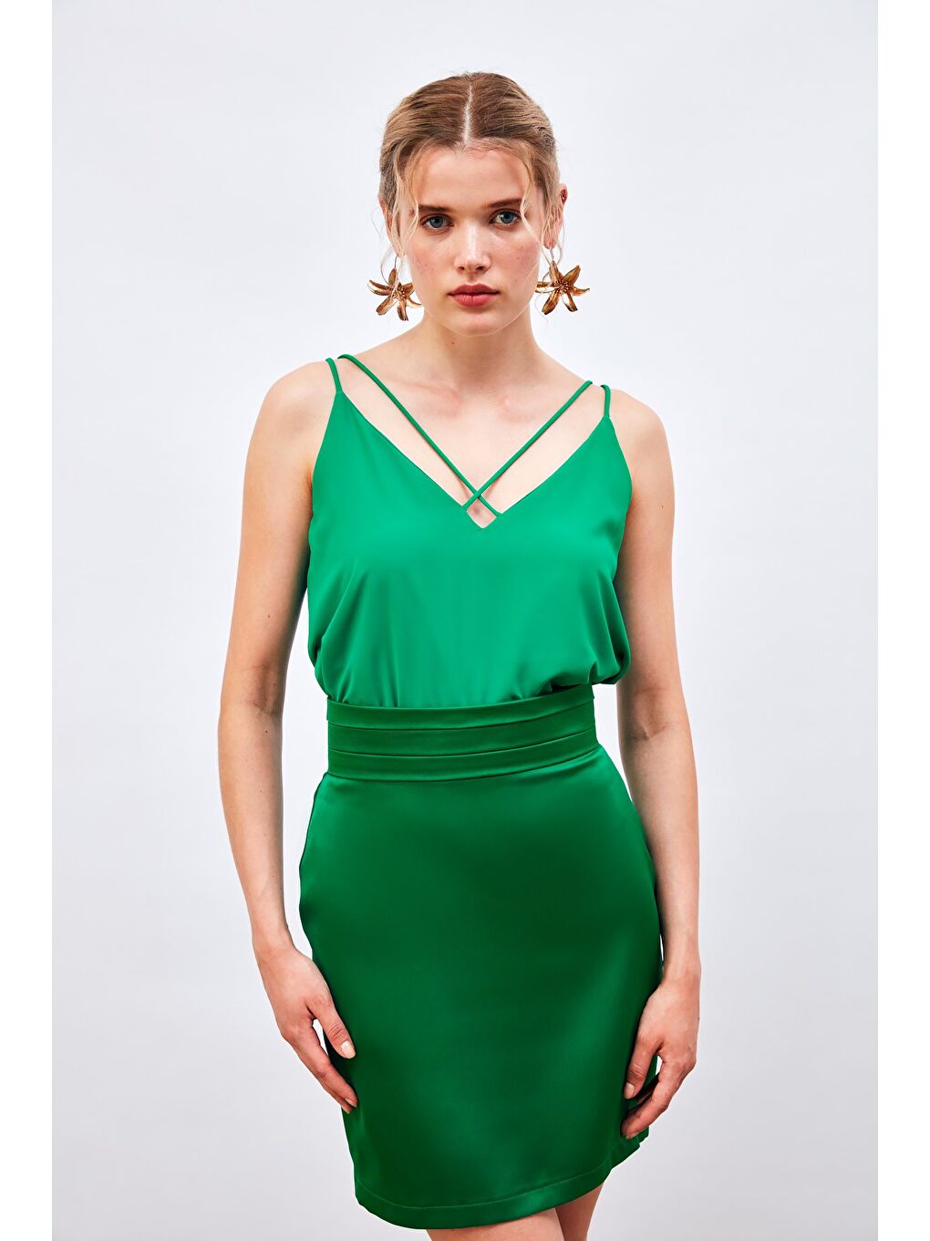 Çapraz İp Askılı Bluz - Yeşil-1