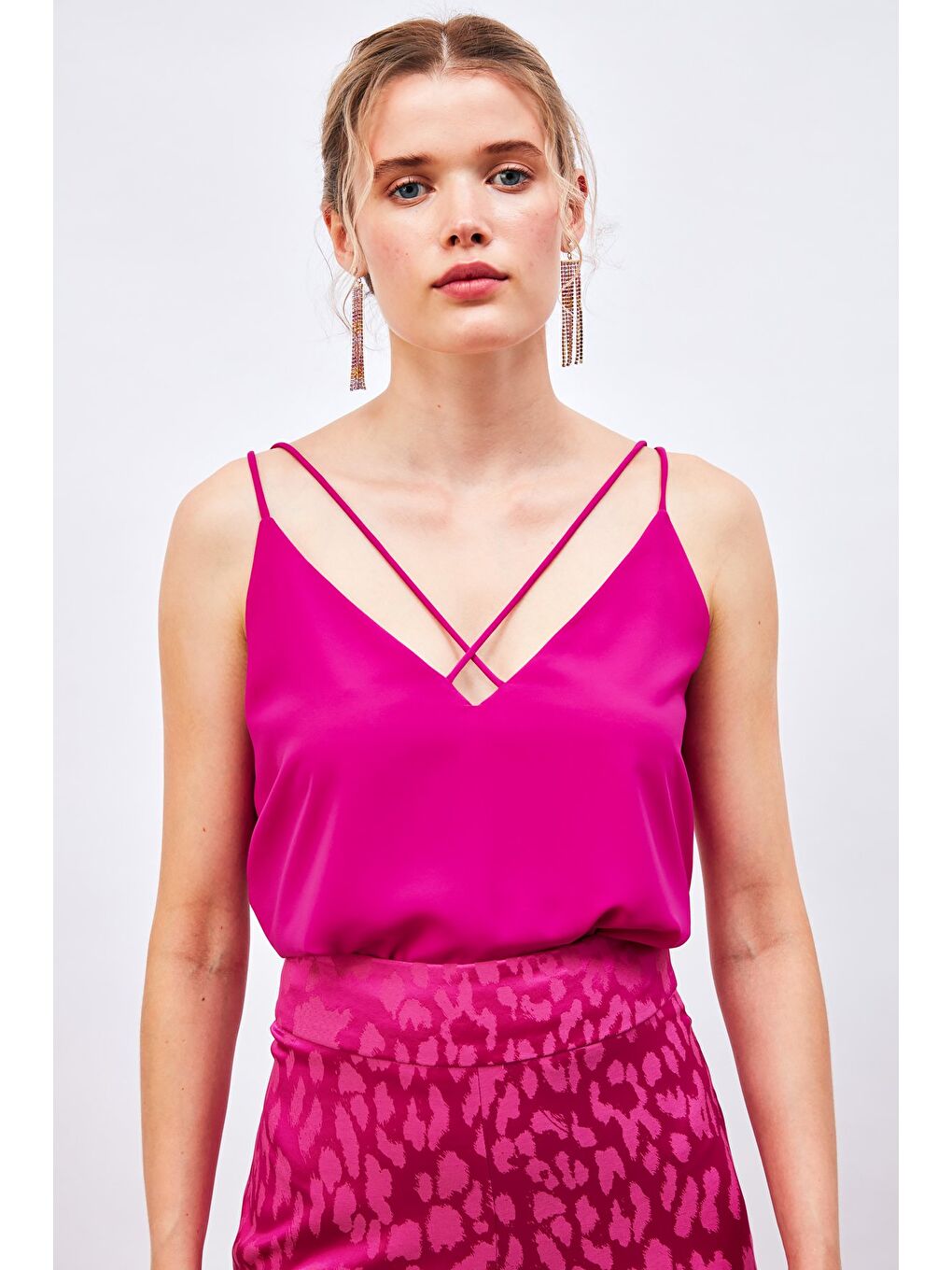 Çapraz İp Askılı Bluz - Fuşya-1