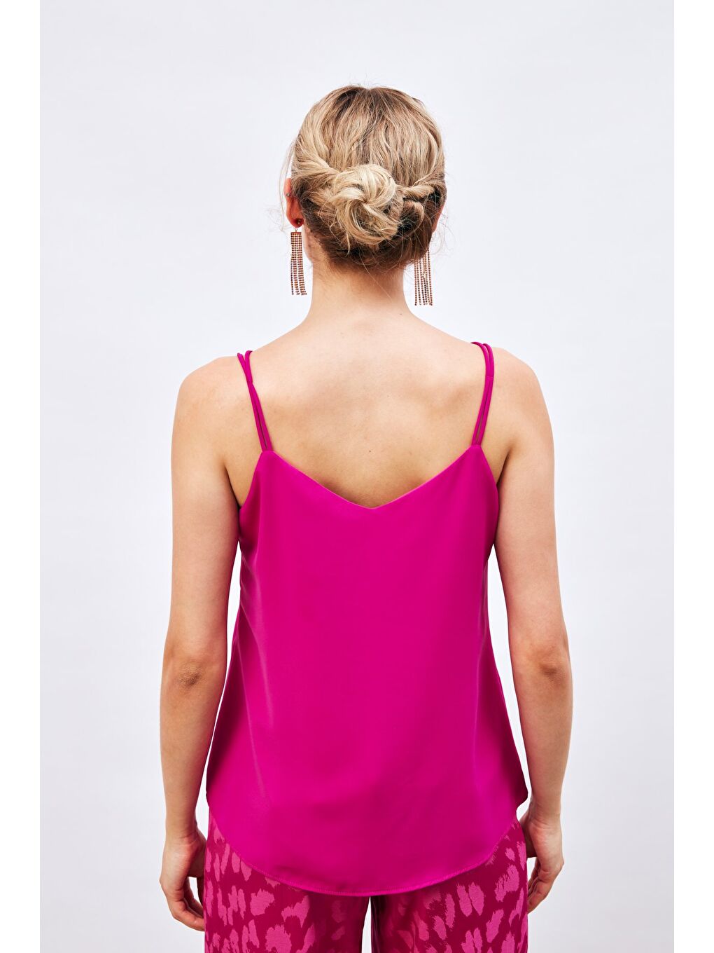 Çapraz İp Askılı Bluz - Fuşya-3