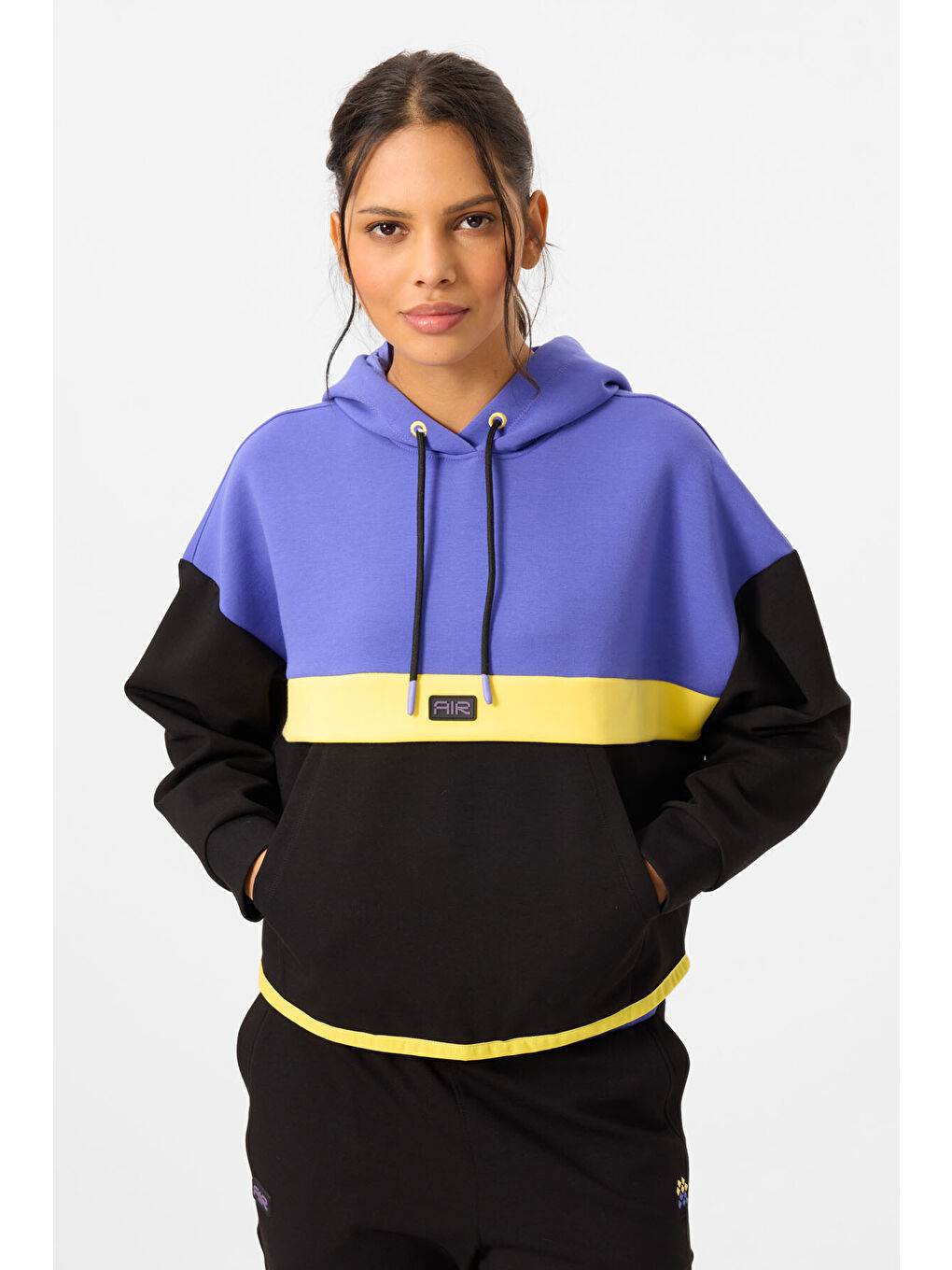 Siyah Kapüşonlu Renk Bloklu Kadın Eşofman Takım - 95327-2