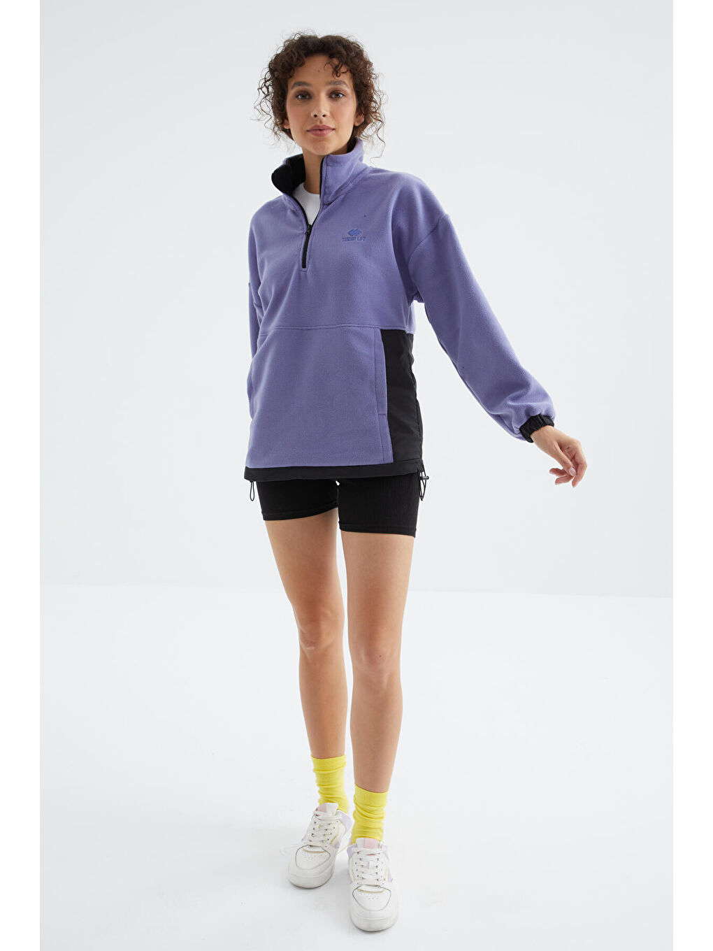 Mor Açık Eflatun Yarım Fermuar Etek Ucu Büzgülü Dik Yaka  Oversize Kadın Polar Sweatshirt - 97236-4