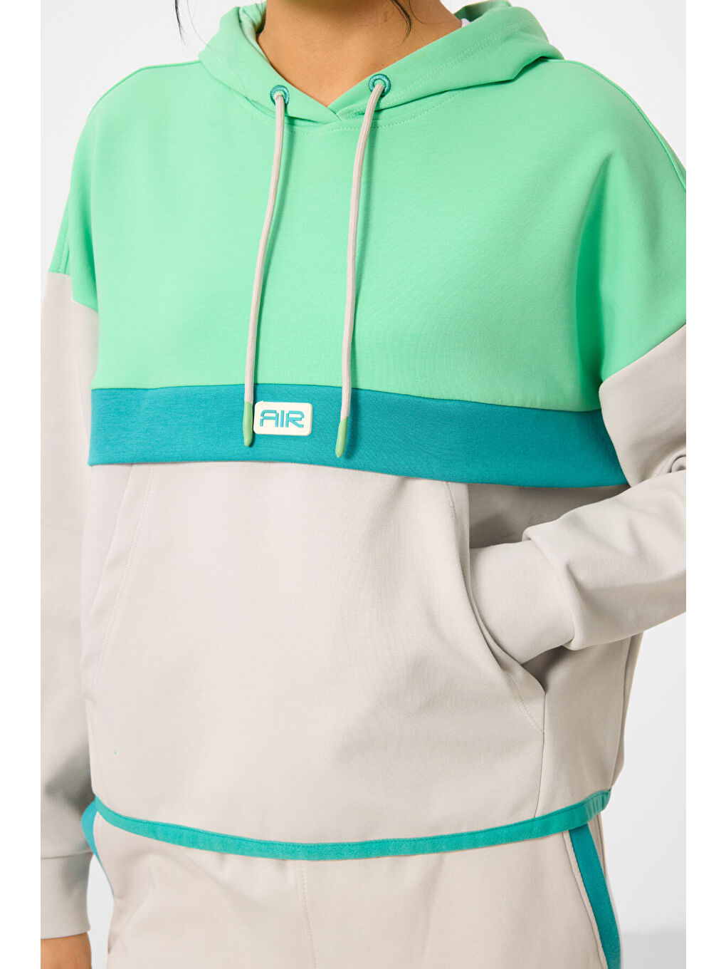 Bej Taş Kapüşonlu Renk Bloklu Kadın Eşofman Takım - 95327-3