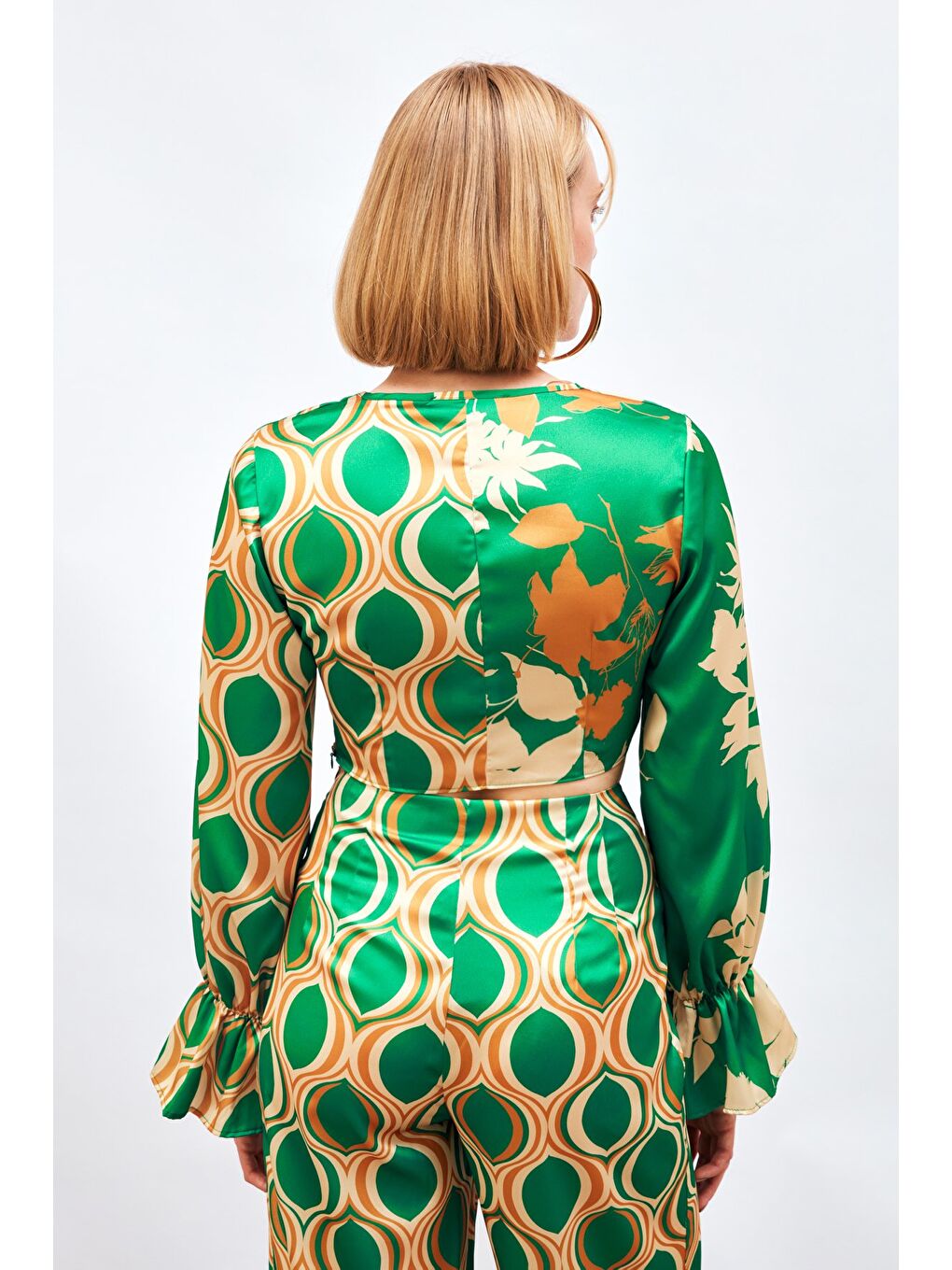 Büzgü Detaylı Desenli Bluz - Yeşil-6