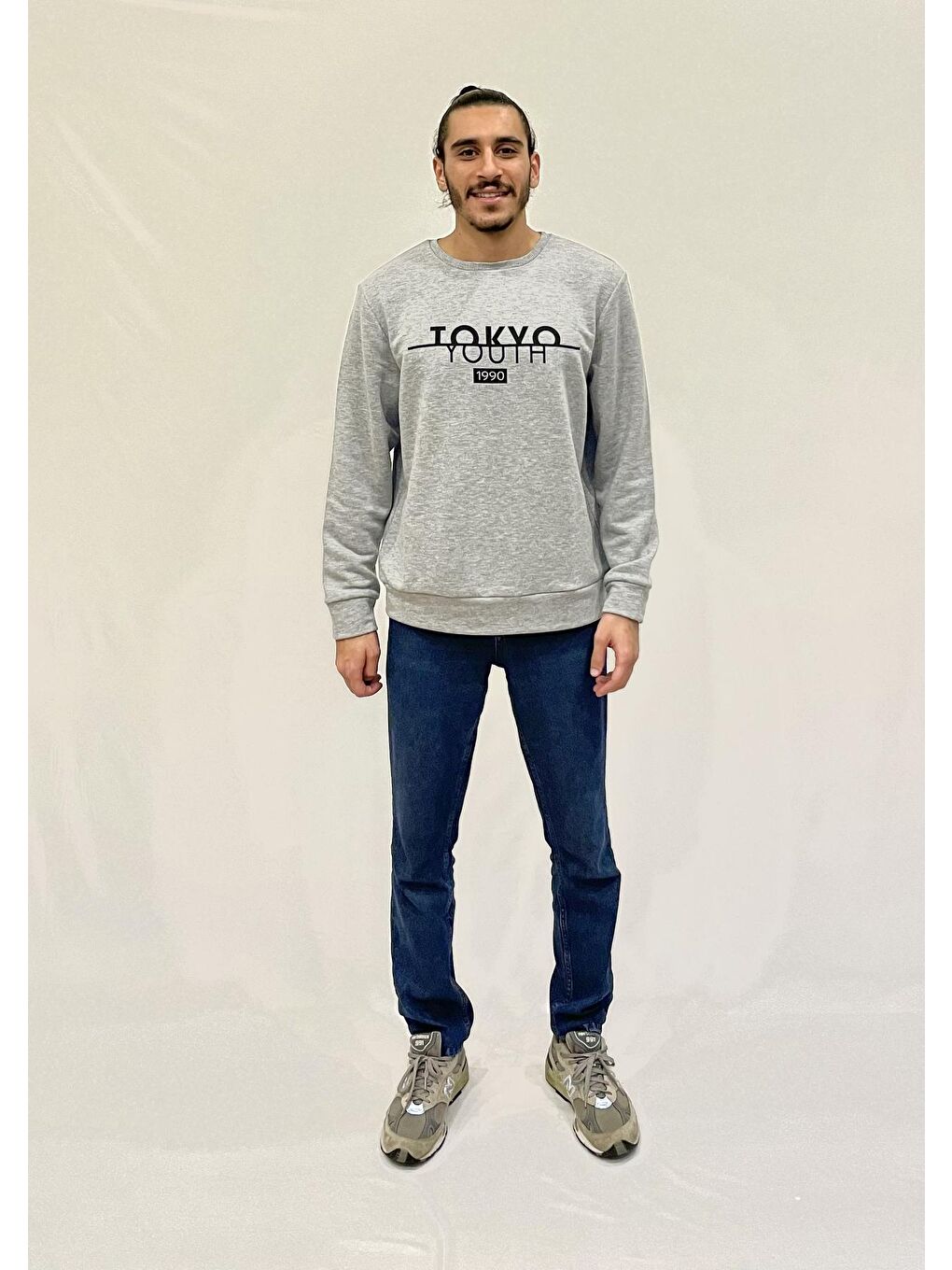 Süperlife Açık Gri Erkek Bisiklet Yaka Rahat Kalıp 3 iplik Kalın Tokyo Baskılı Sweatshirt SPR24SW30