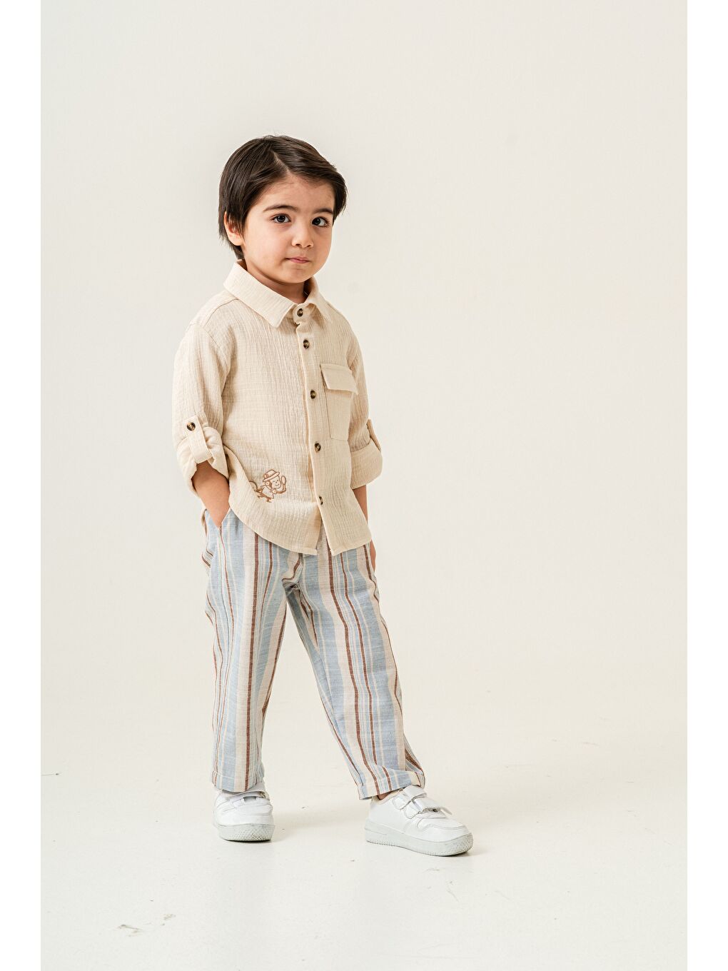 Mavi Erkek Çocuk Keten Gömlek Müslin Pantolon Takım 2-5 Yaş-1