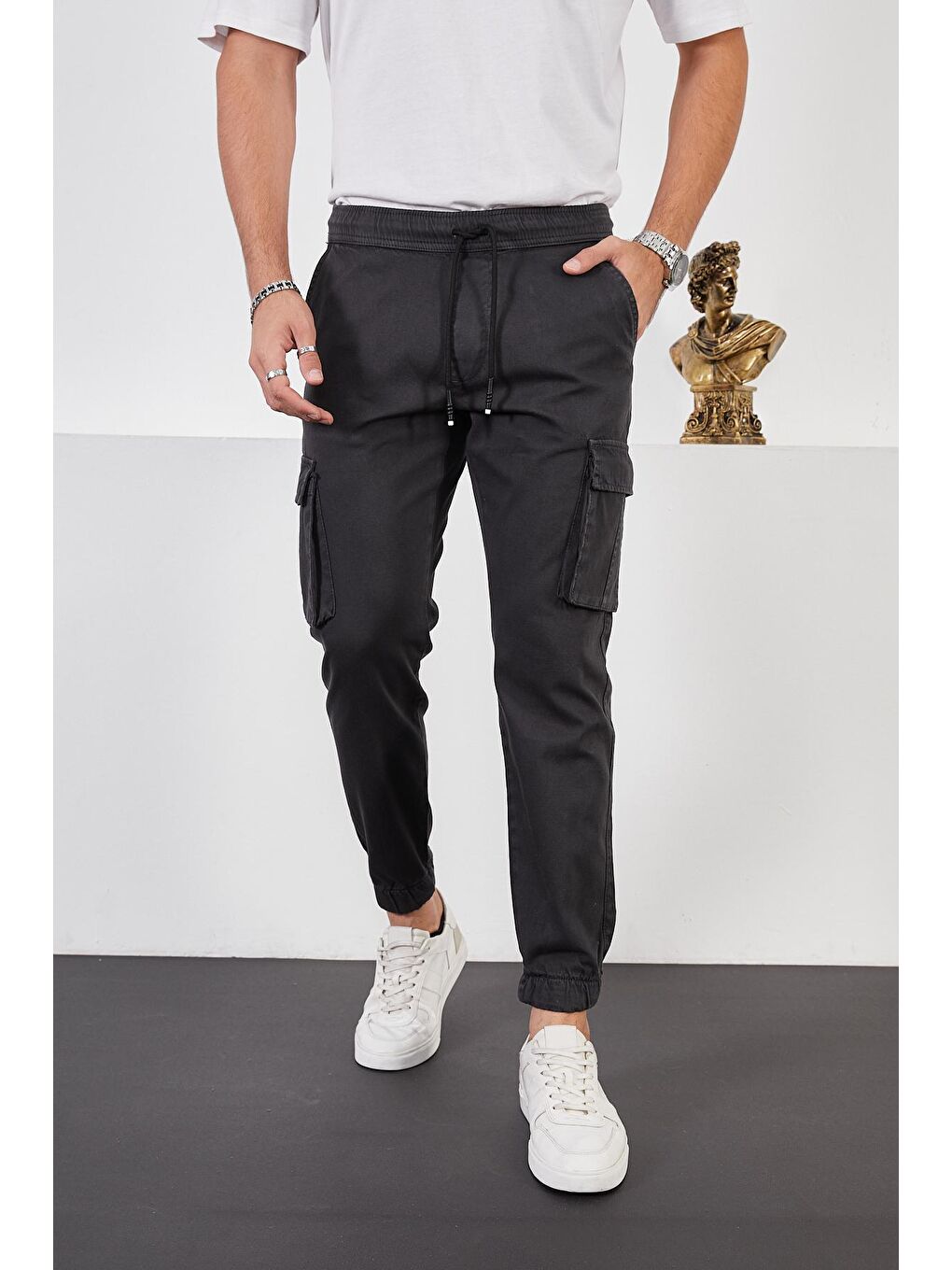 Gri Erkek Füme Beli ve Paçası Lastikli Kargo Cep Armürlü Jogger Pantolon