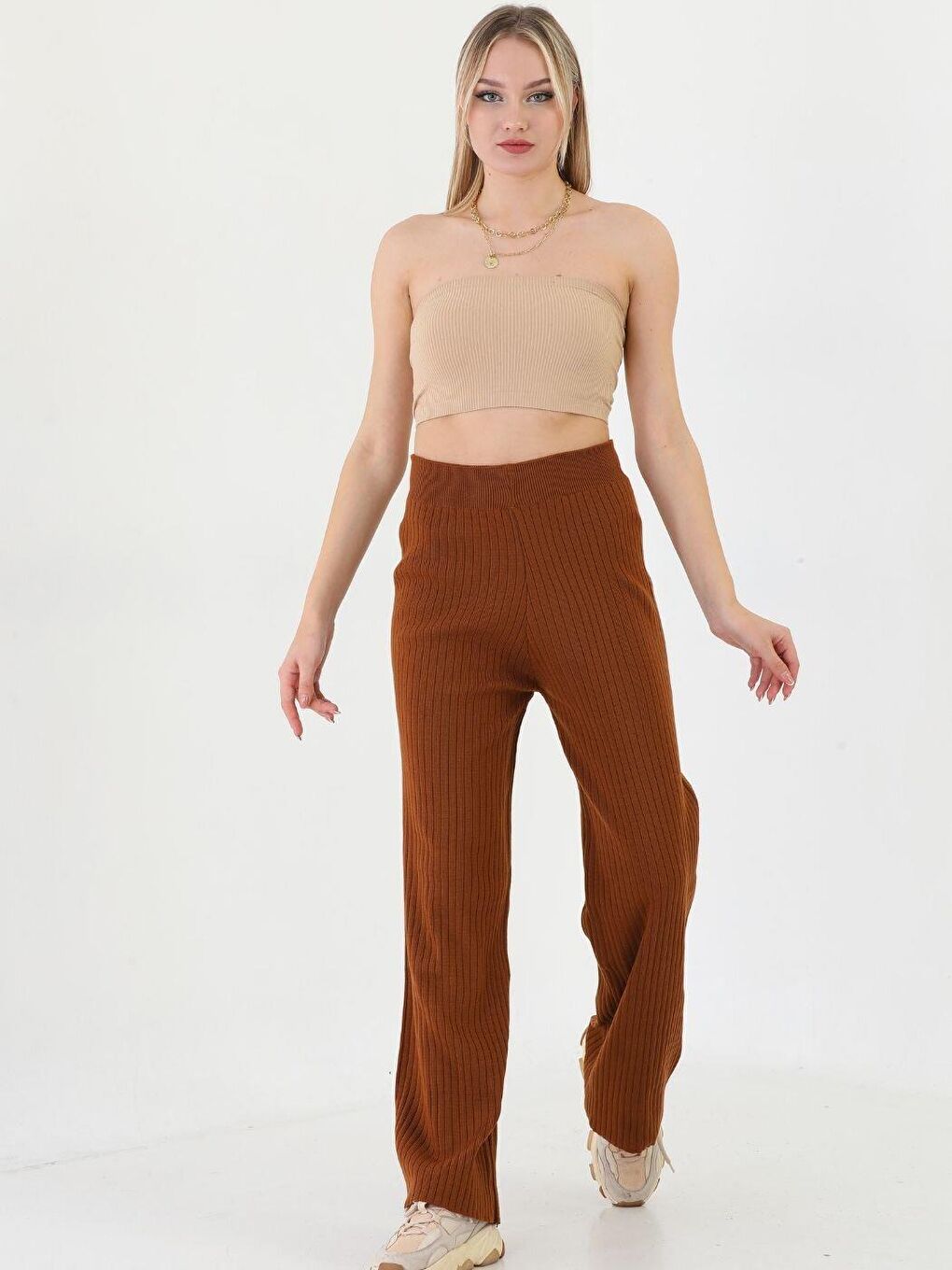 Kahverengi Yüksek Bel İspanyol Paça Kadın Triko Pantolon