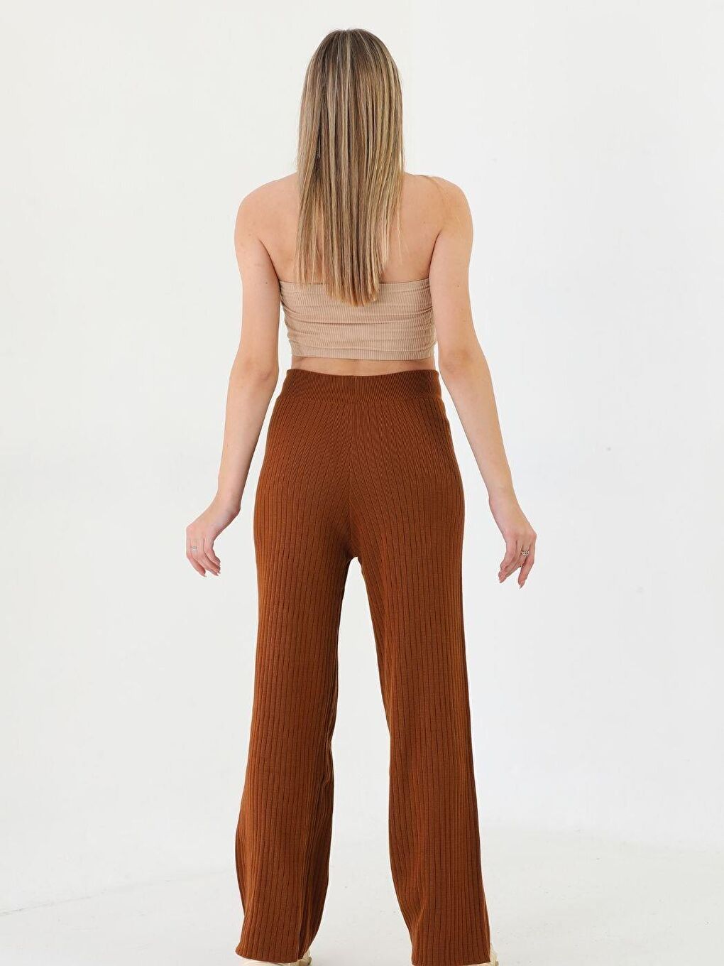 Kahverengi Yüksek Bel İspanyol Paça Kadın Triko Pantolon-2