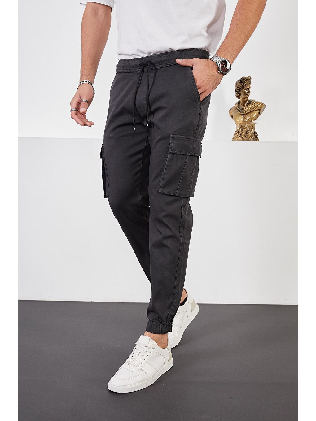 Gri Erkek Füme Beli ve Paçası Lastikli Kargo Cep Armürlü Jogger Pantolon-2