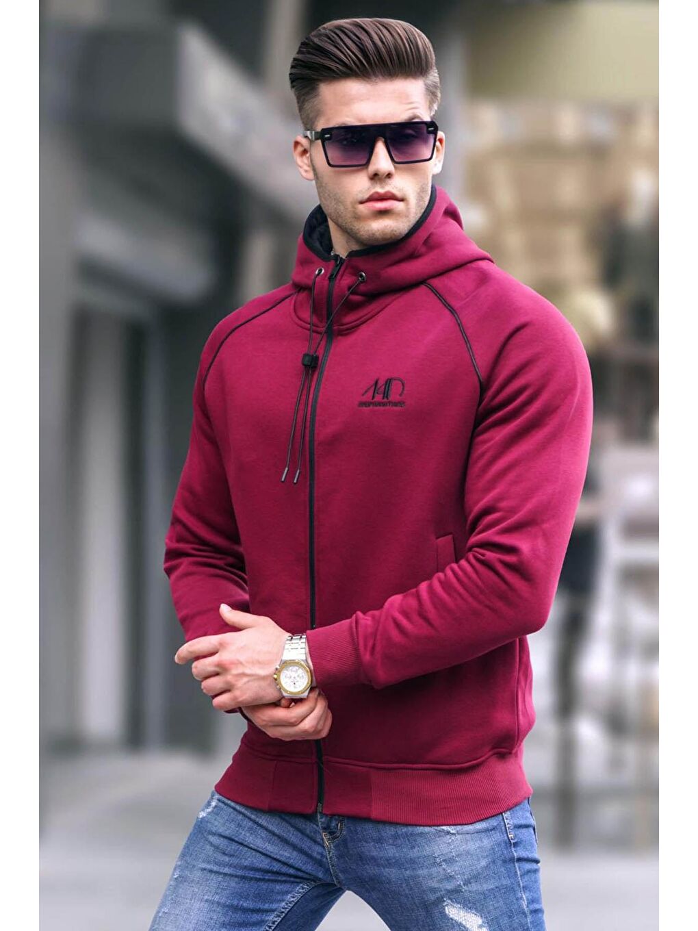 Kırmızı  Kapüşonlu %100 Pamuk Fermuarlı Sweatshirt 4701
