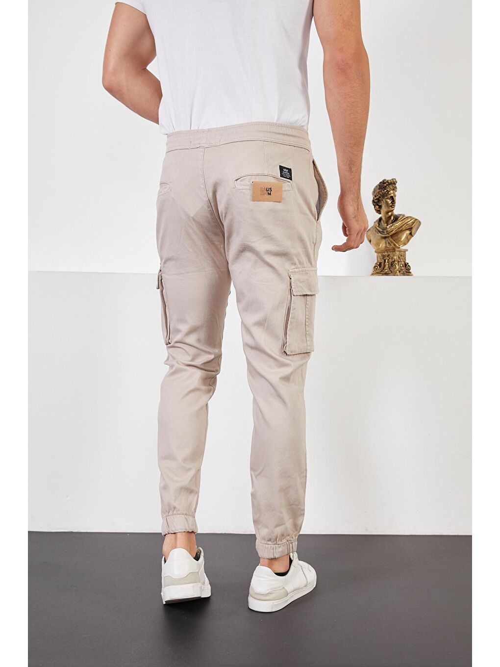 Erkek Gri Beli ve Paçası Lastikli Kargo Cep Armürlü Jogger Pantolon-3