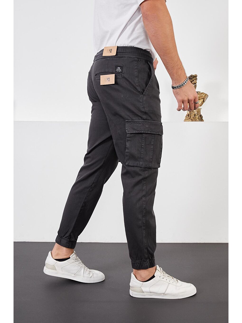 Gri Erkek Füme Beli ve Paçası Lastikli Kargo Cep Armürlü Jogger Pantolon-3