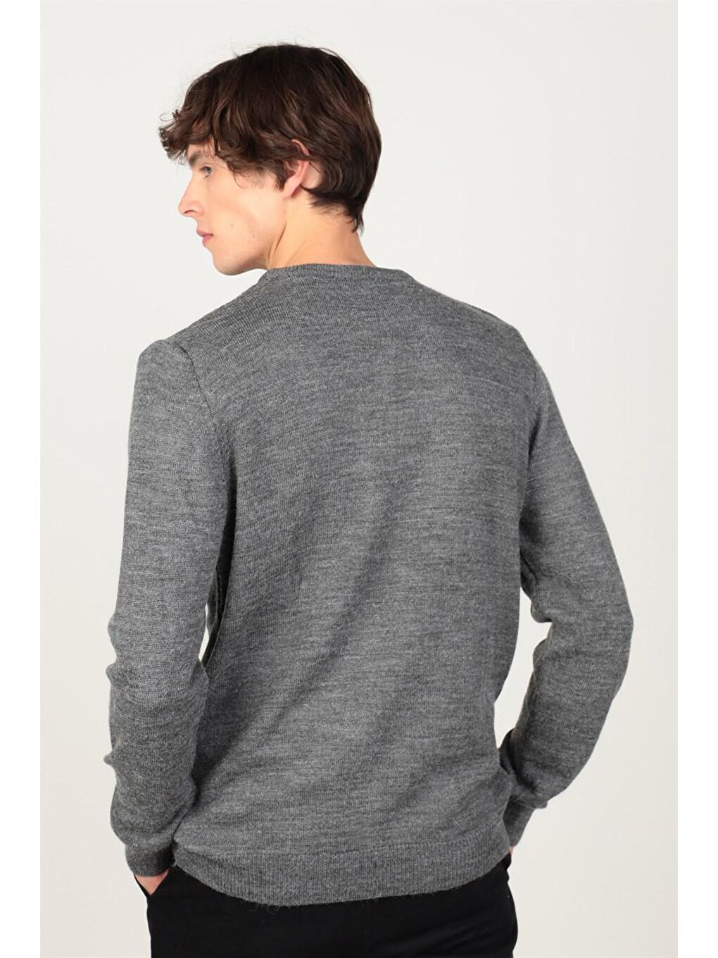 Gri Slim Fit Bisiklet Yaka Önü Desenli Erkek Kazak-3