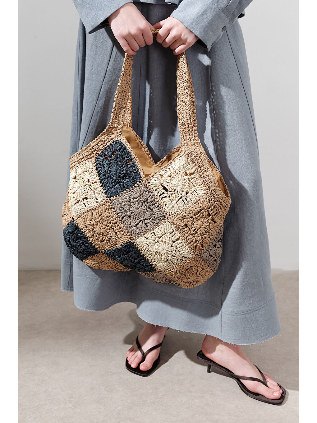 Patchwork Desenli Hasır Çanta İndigo