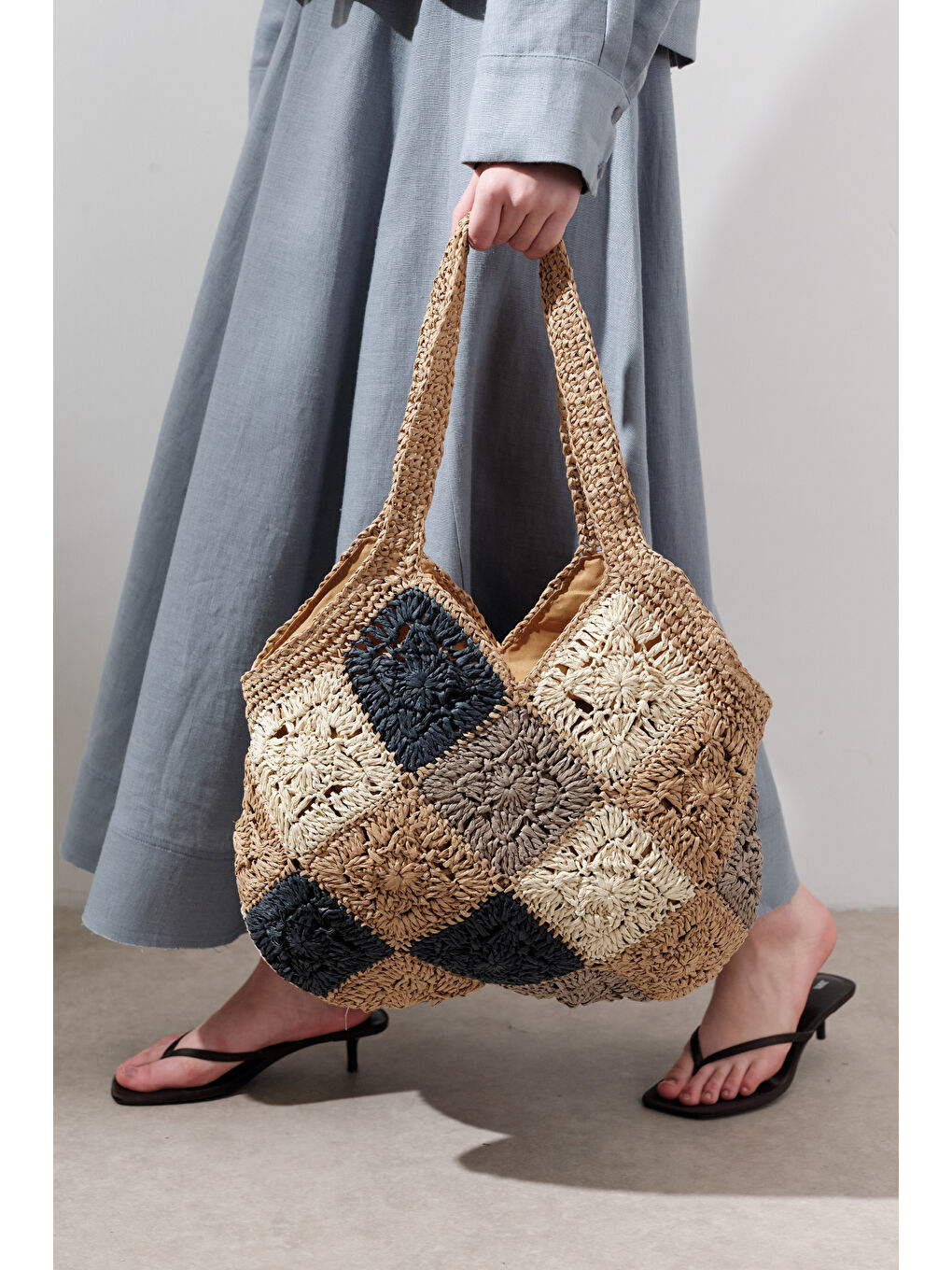 Patchwork Desenli Hasır Çanta İndigo-1