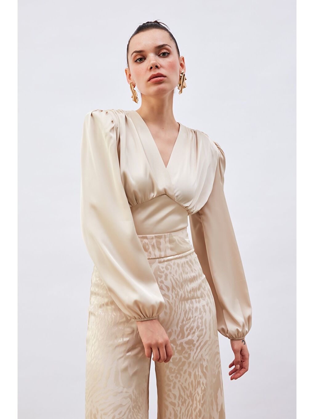Kruvaze Saten Bluz - Bej-2