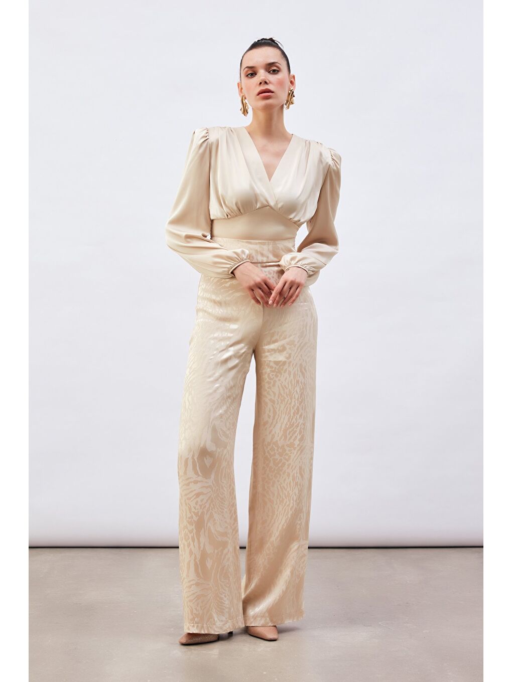 Kruvaze Saten Bluz - Bej-4