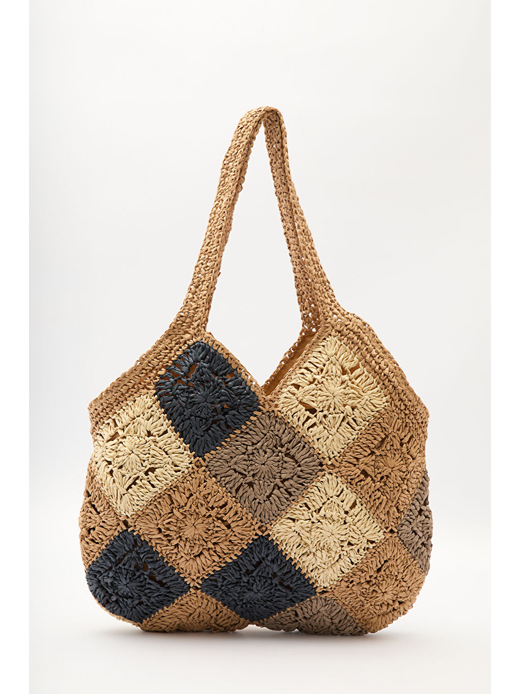 Patchwork Desenli Hasır Çanta İndigo-2