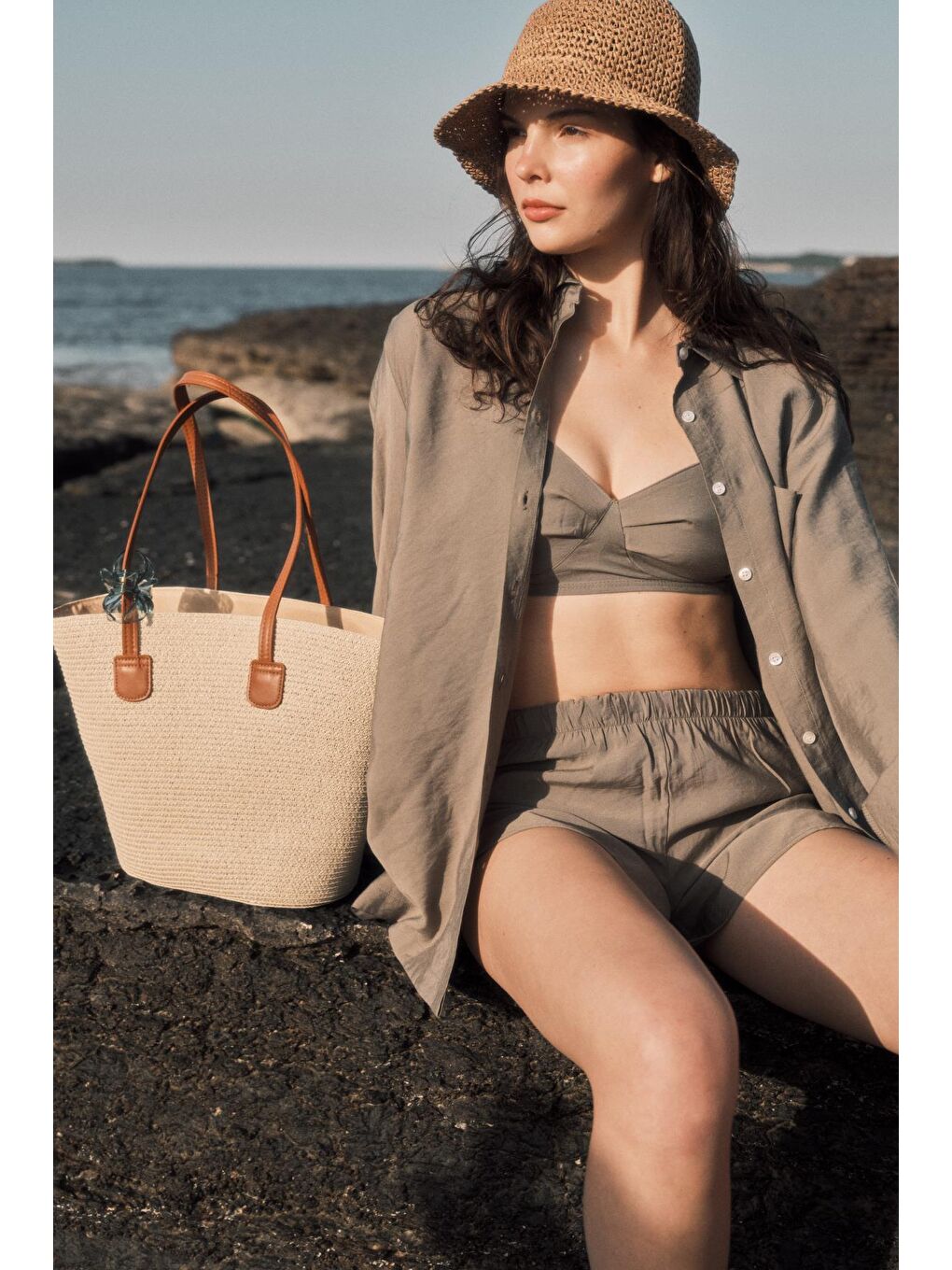 Ekru Askılı Hasır Omuz Çantası Y9201 Krem-3