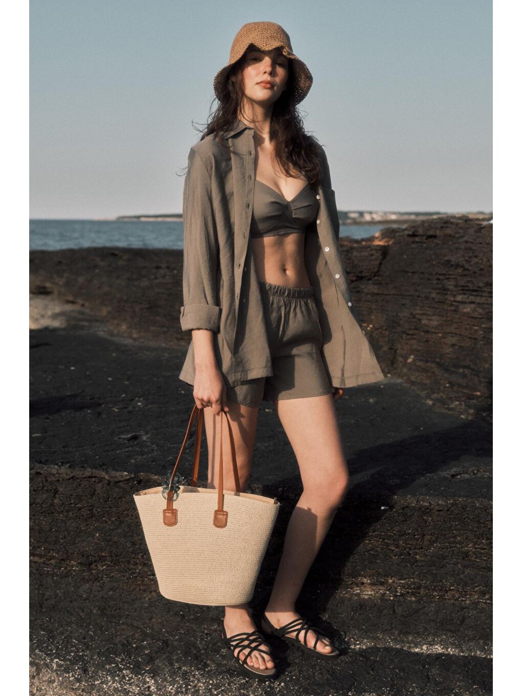 Ekru Askılı Hasır Omuz Çantası Y9201 Krem-4