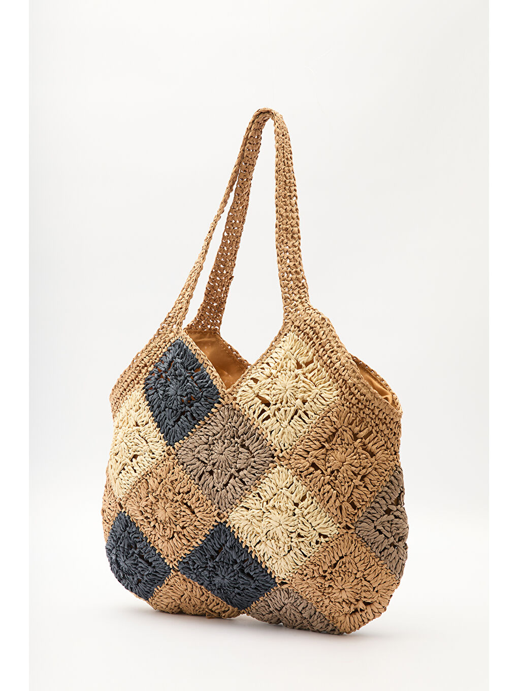 Patchwork Desenli Hasır Çanta İndigo-4