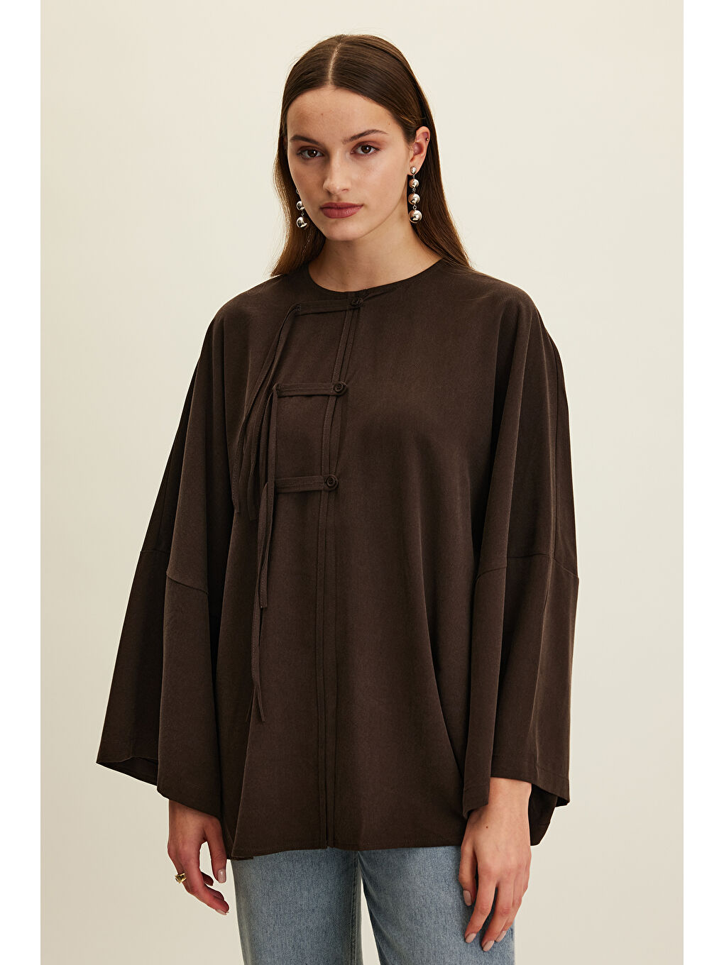 Lyocell Bağlama Detaylı Gömlek Kahverengi