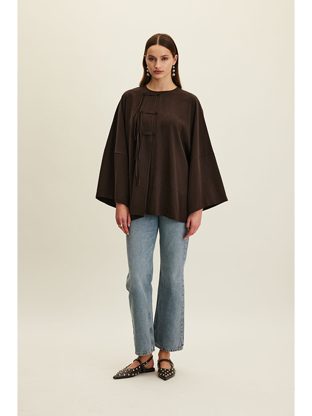 Lyocell Bağlama Detaylı Gömlek Kahverengi-2