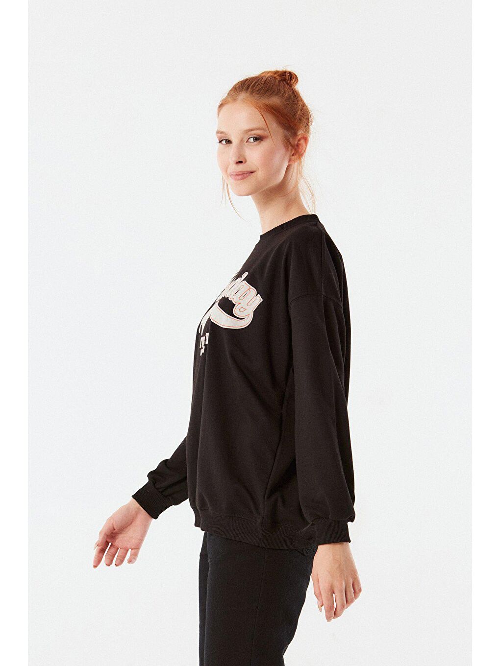 Siyah Sunday Baskılı Bisiklet Yaka Sweatshirt-3