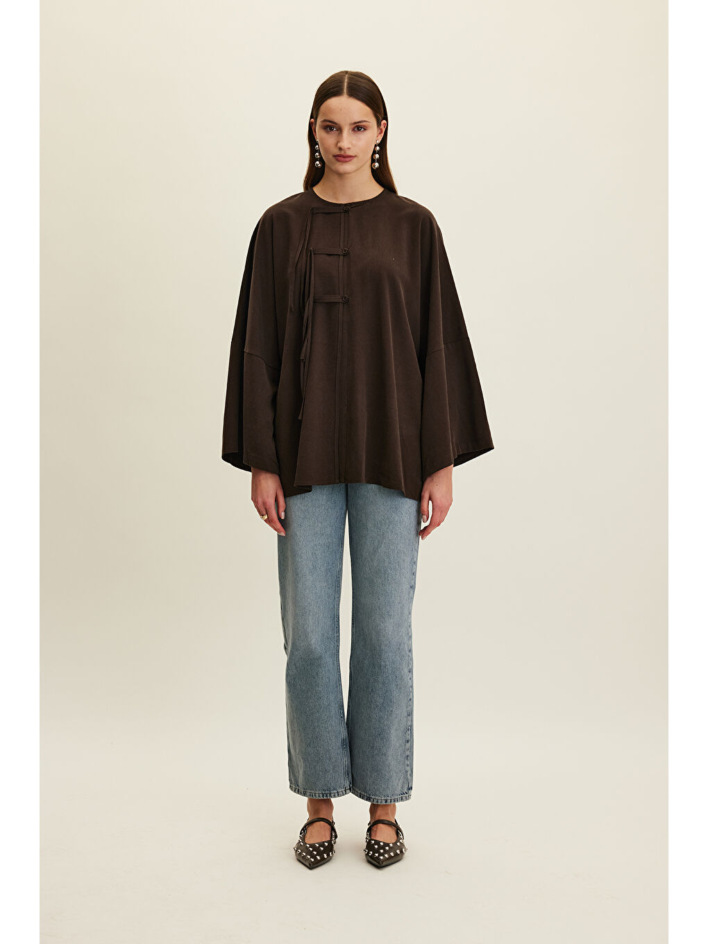 Lyocell Bağlama Detaylı Gömlek Kahverengi-4