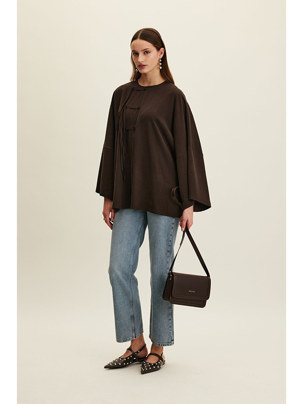 Lyocell Bağlama Detaylı Gömlek Kahverengi-5