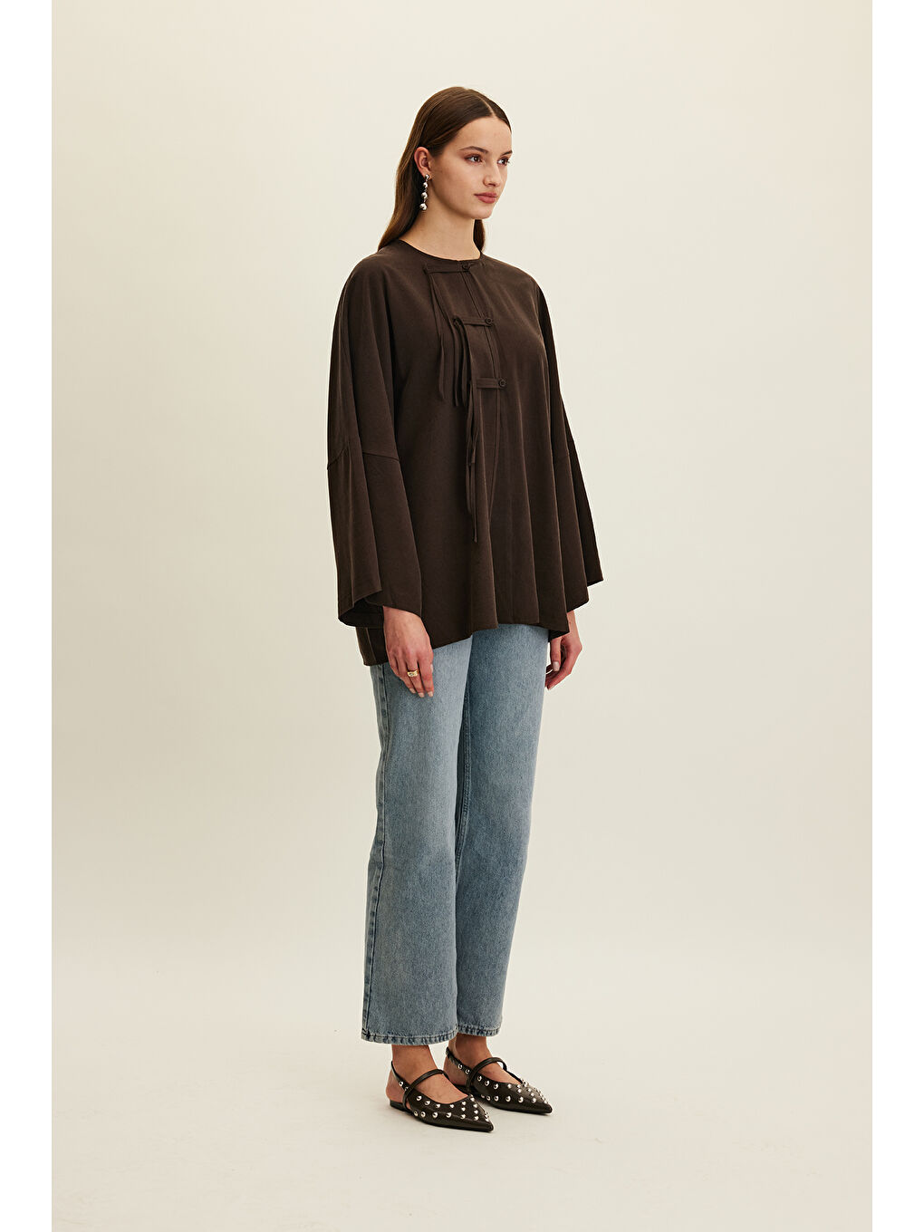 Lyocell Bağlama Detaylı Gömlek Kahverengi-6