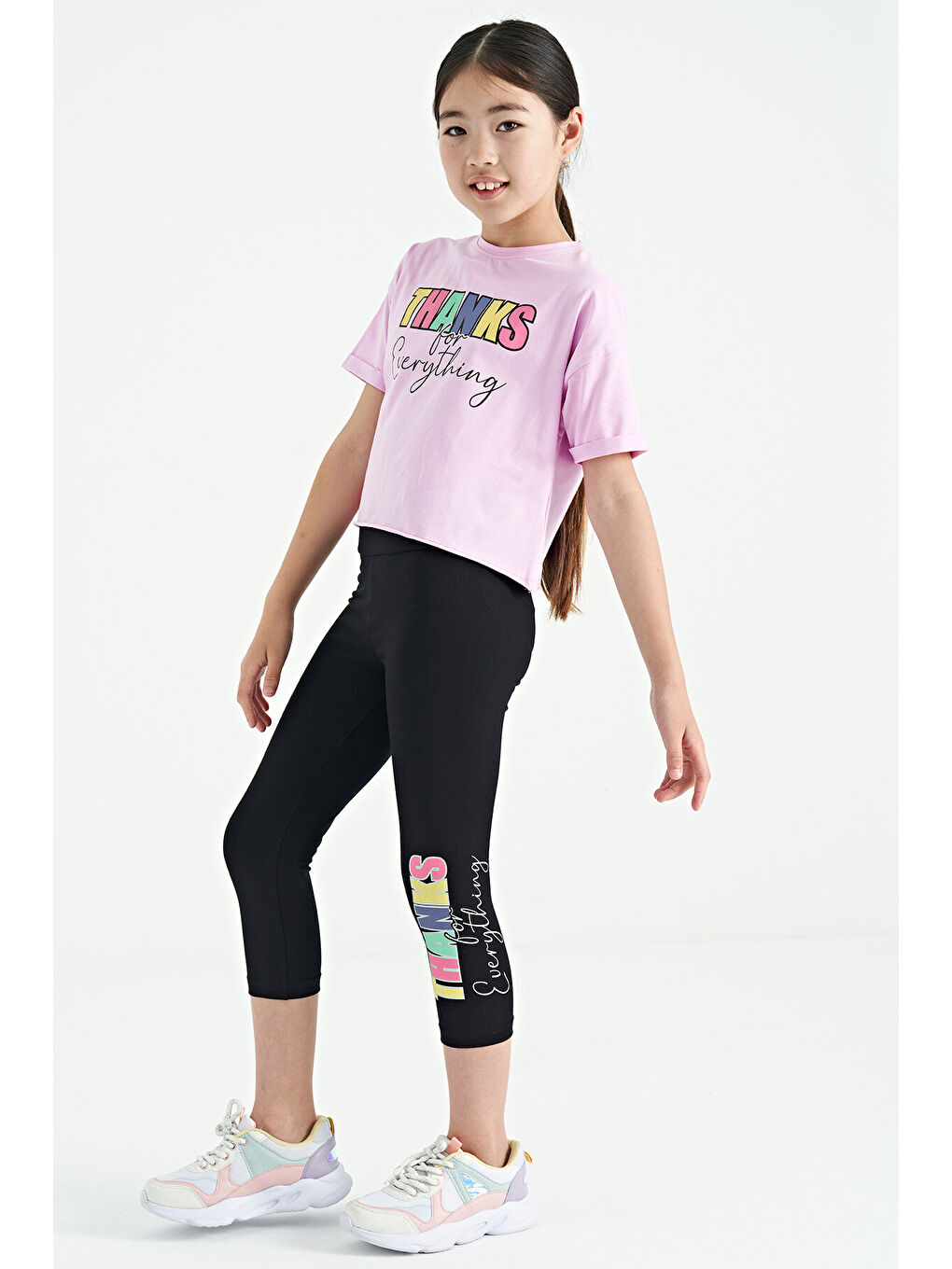 Pembe - Siyah Yazı Baskılı Oversize Kız Çocuk Crop Tayt Takım - 75133-2