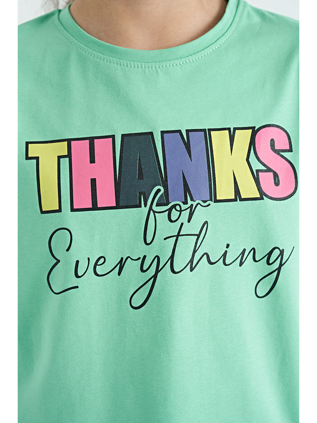 Turkuaz Su Yeşil - Orman Yeşil Yazı Baskılı Oversize Kız Çocuk Crop Tayt Takım - 75133-2