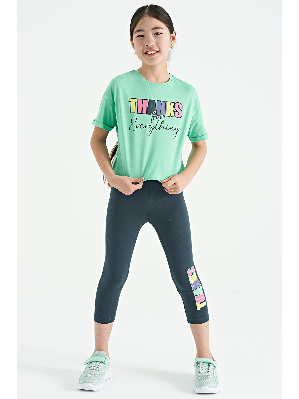 Turkuaz Su Yeşil - Orman Yeşil Yazı Baskılı Oversize Kız Çocuk Crop Tayt Takım - 75133-4