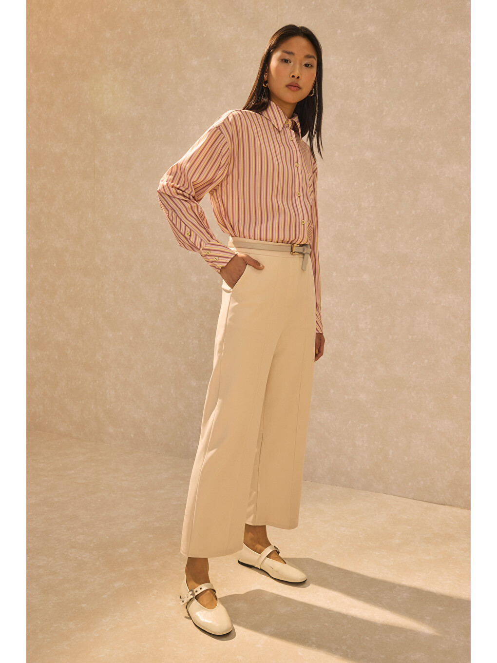 Nervürlü Midi Pantolon Bej-2